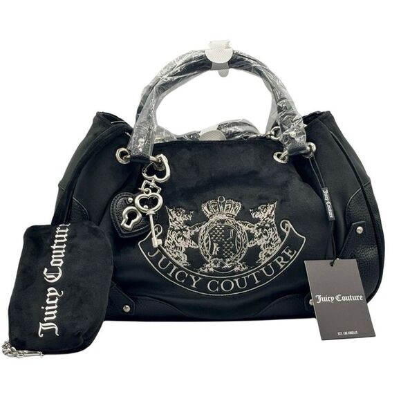 Juicy Couture Black Velour Faux Leather Nuova Twig Dog Double Handle X-Body Bag - Picture 9 of 10